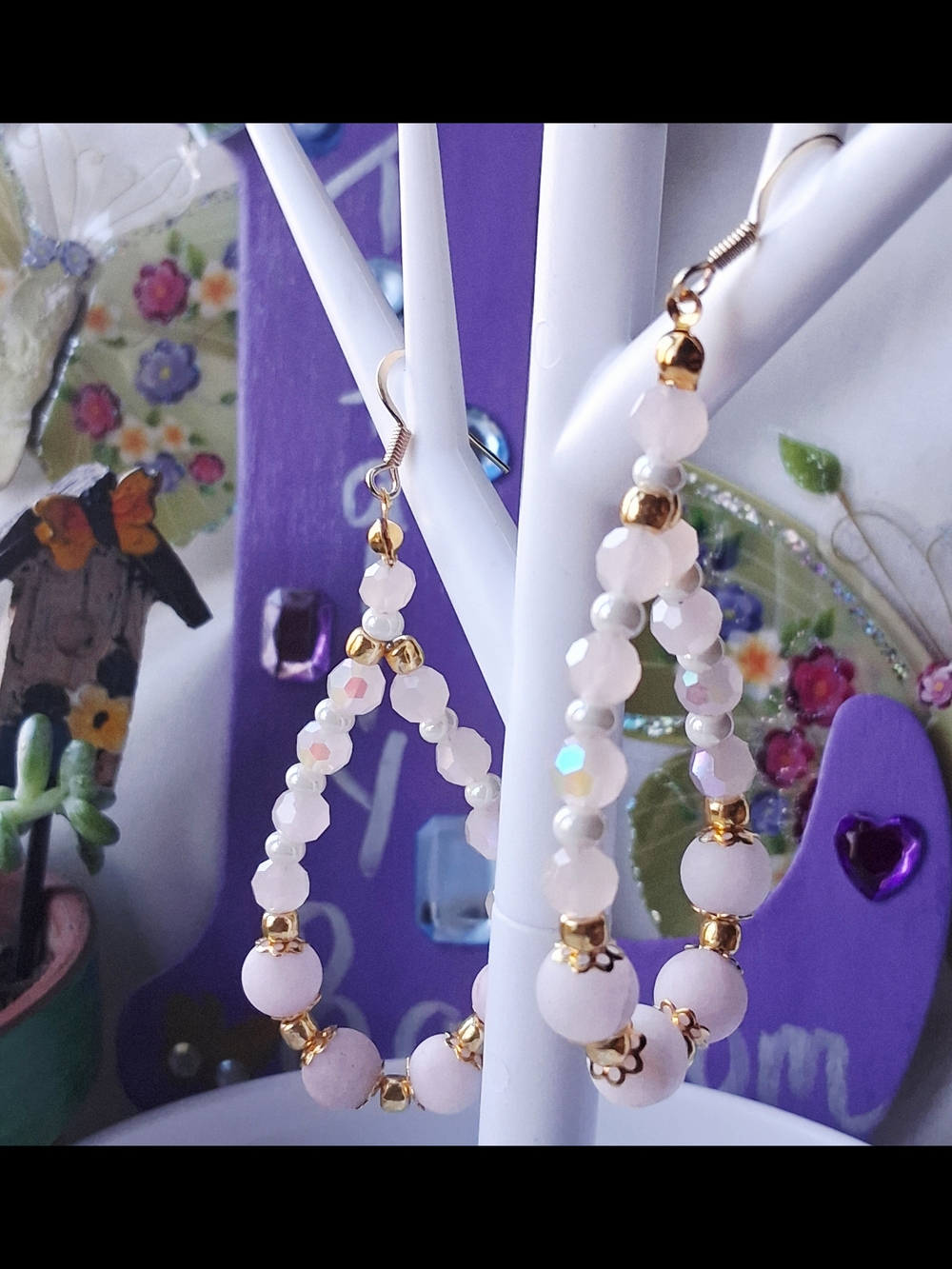 Handmade Cherry Pink Quartz Beaded Teardrop Earrings with Gold Accents